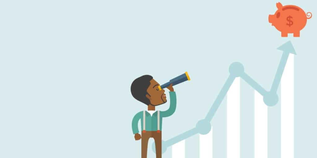 A black guy standing using telescope to see the graph and piggy bank on the top of the arrow, a sign of progress as business sales is increase. Growing business concept