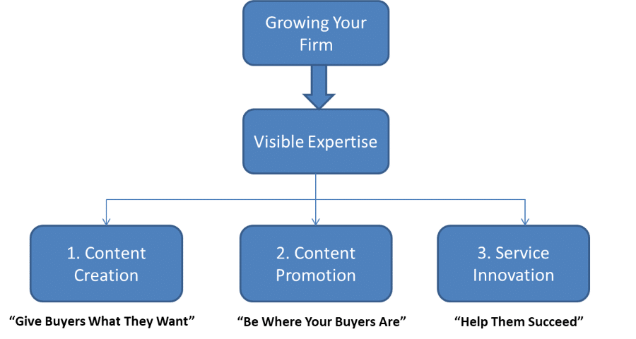 Flowchart diagram showing growth marketing strategies for professional services firms