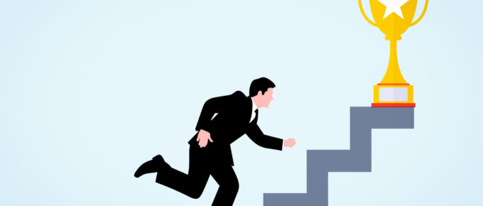 Graphic of suited businessman running up stairs to a golden trophy